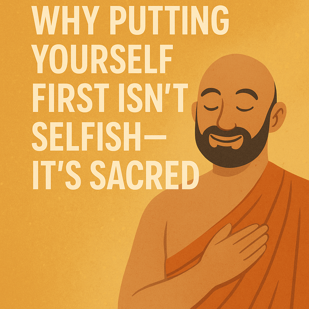 A peaceful illustration of a smiling monk with his hand over his heart, wearing orange robes, beside the text “Why Putting Yourself First Isn’t Selfish—It’s Sacred” on a warm golden background.