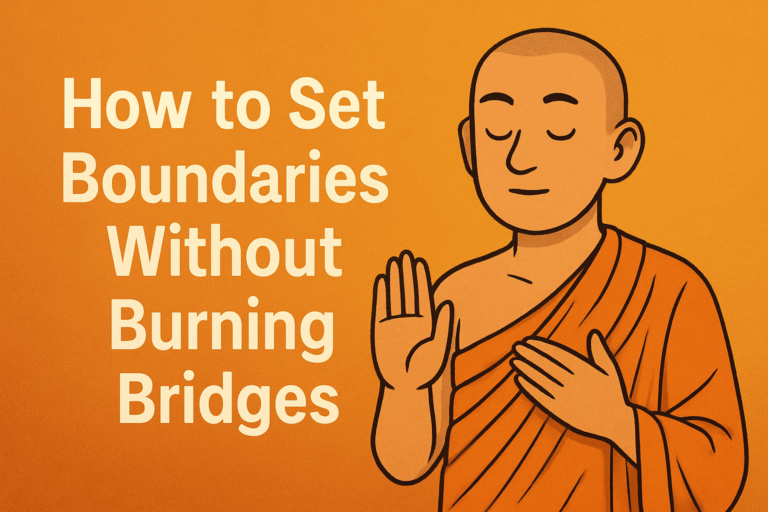 A calm, smiling monk in orange robes raises one hand in a peaceful “stop” gesture beside the bold text “How to Set Boundaries Without Burning Bridges” on a warm orange background.