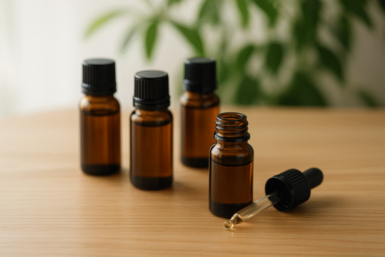 Organic essential oil bottles on a wooden table with soft natural light and green leaves in the background, promoting safe aromatherapy use.