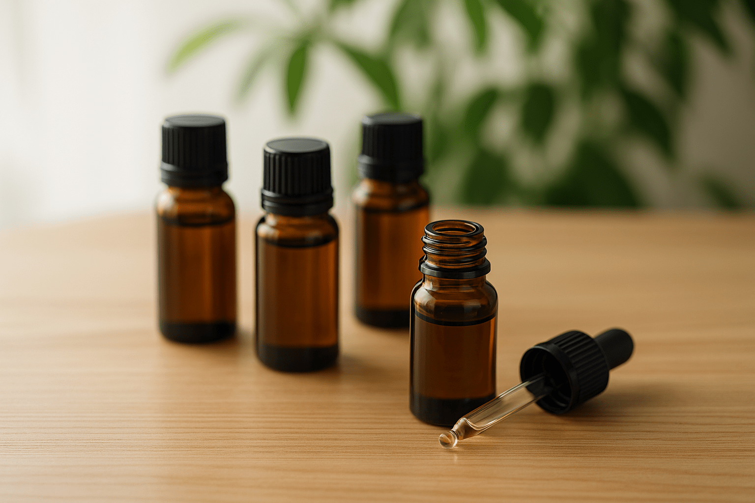 Organic essential oil bottles on a wooden table with soft natural light and green leaves in the background, promoting safe aromatherapy use.