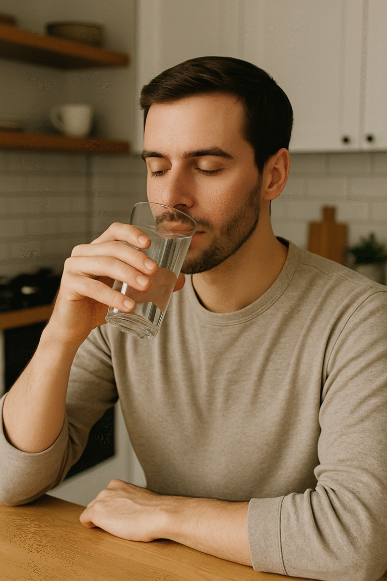 A calm young man with short dark hair and a trimmed beard sits in a modern kitchen, eyes closed in peaceful focus as he drinks a glass of water, surrounded by soft natural lighting and minimalist decor.