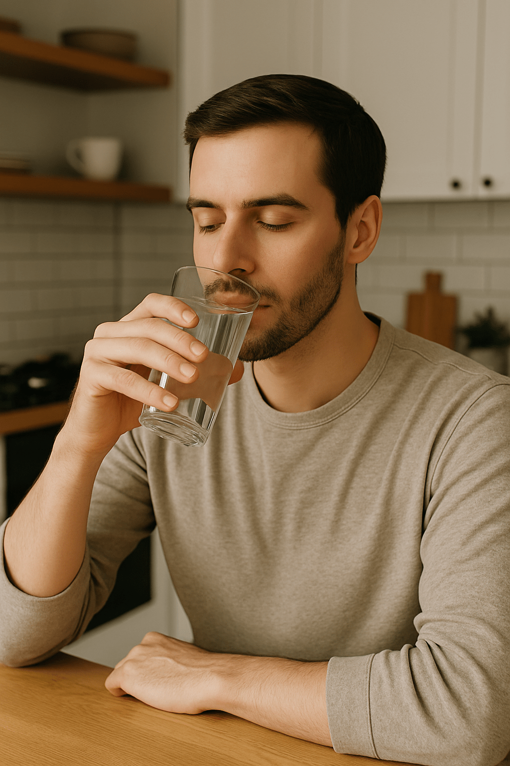A calm young man with short dark hair and a trimmed beard sits in a modern kitchen, eyes closed in peaceful focus as he drinks a glass of water, surrounded by soft natural lighting and minimalist decor.