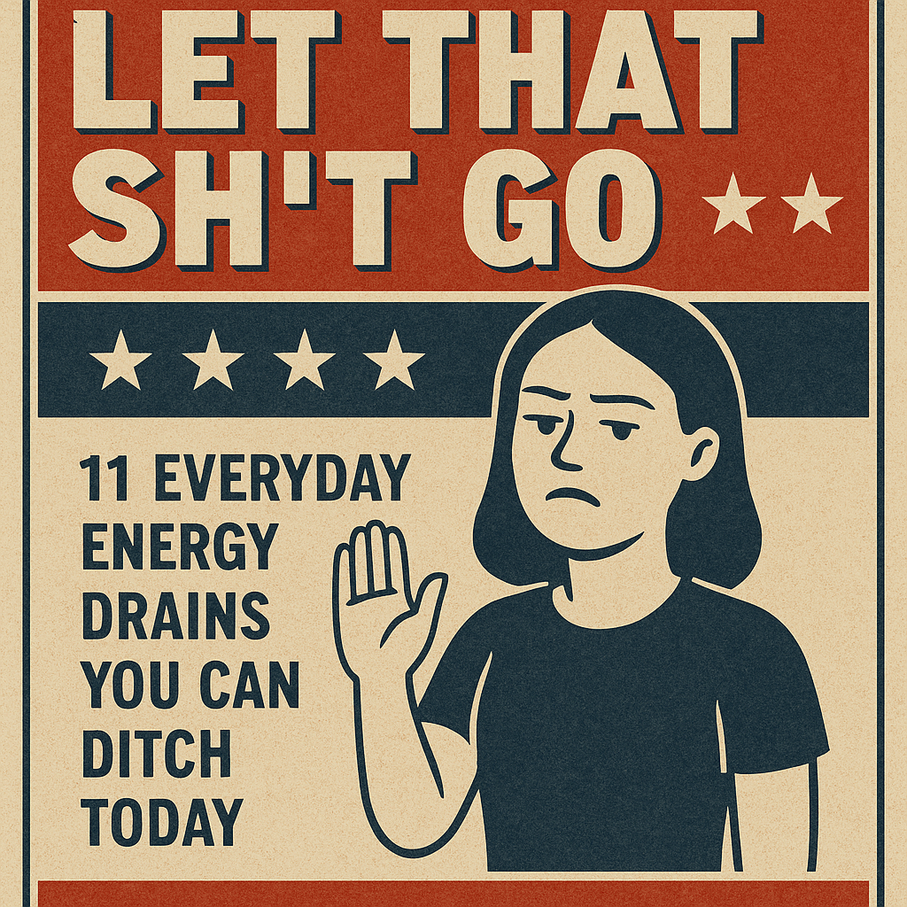 A vintage-style propaganda poster in red, navy, and beige features bold block text that reads “LET THAT SHT GO” above a cartoon woman raising her hand with an annoyed expression, alongside the subtitle “11 Everyday Energy Drains You Can Ditch Today.”