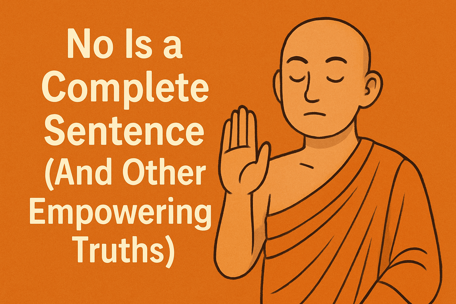 A serene monk in orange robes raises a hand in a peaceful stop gesture beside the bold text “No Is a Complete Sentence (And Other Empowering Truths)” on a rich orange background.