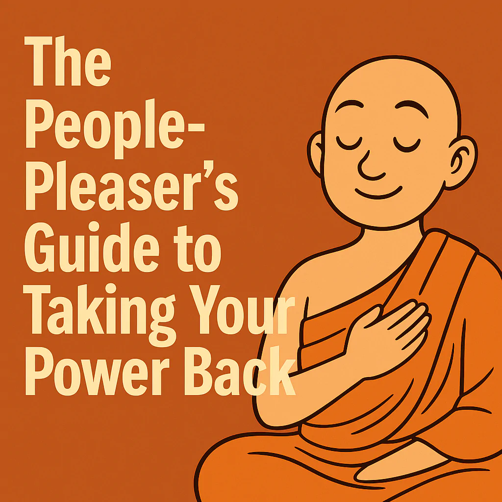 A peaceful monk in orange robes smiles gently beside bold cream-colored text that reads “The People-Pleaser's Guide to Taking Your Power Back” on a warm orange background.