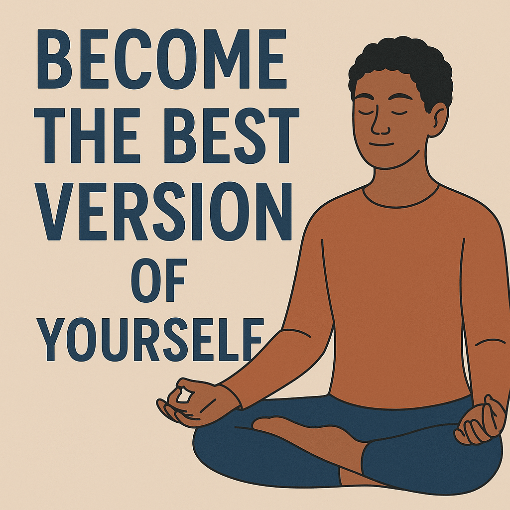 A close-up digital illustration of a calm person with eyes closed, meditating against a soft gray background. The words “Become the Best Version of Yourself” are prominently displayed, conveying a theme of self-awareness and personal growth.