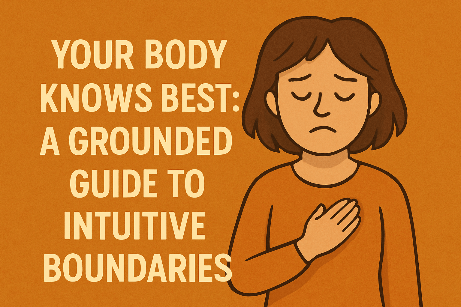 A calm cartoon woman with her hand over her heart stands beside bold cream-colored text that reads “Your Body Knows Best: A Grounded Guide to Intuitive Boundaries” on a warm orange background.