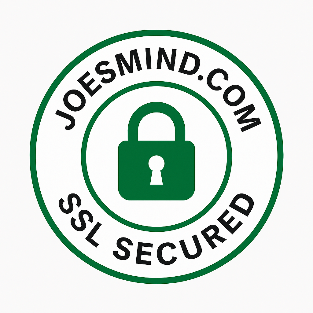 Circular badge displaying 'JoesMind.com SSL Secured' with a green padlock icon, indicating the website is protected with AES-256 bit encryption and Cloudflare SSL security.