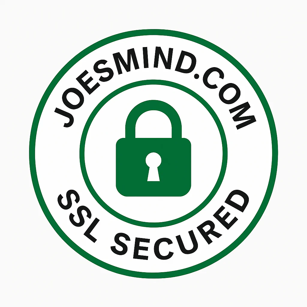 Circular badge displaying 'JoesMind.com SSL Secured' with a green padlock icon, indicating the website is protected with AES-256 bit encryption and Cloudflare SSL security.
