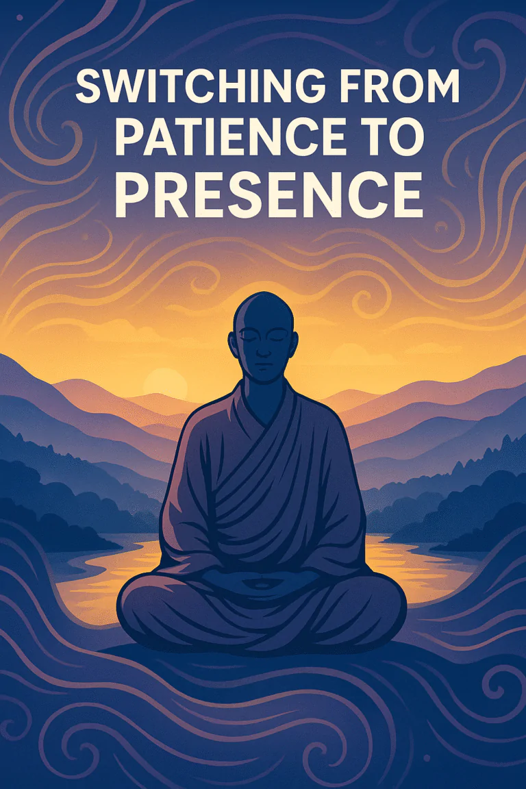 A peaceful meditative figure in lotus position against a vibrant sunrise landscape, with the text 'Switching from Patience to Presence' above. The illustration features calming colors and traditional Asian-inspired patterns, symbolizing mindfulness and presence.