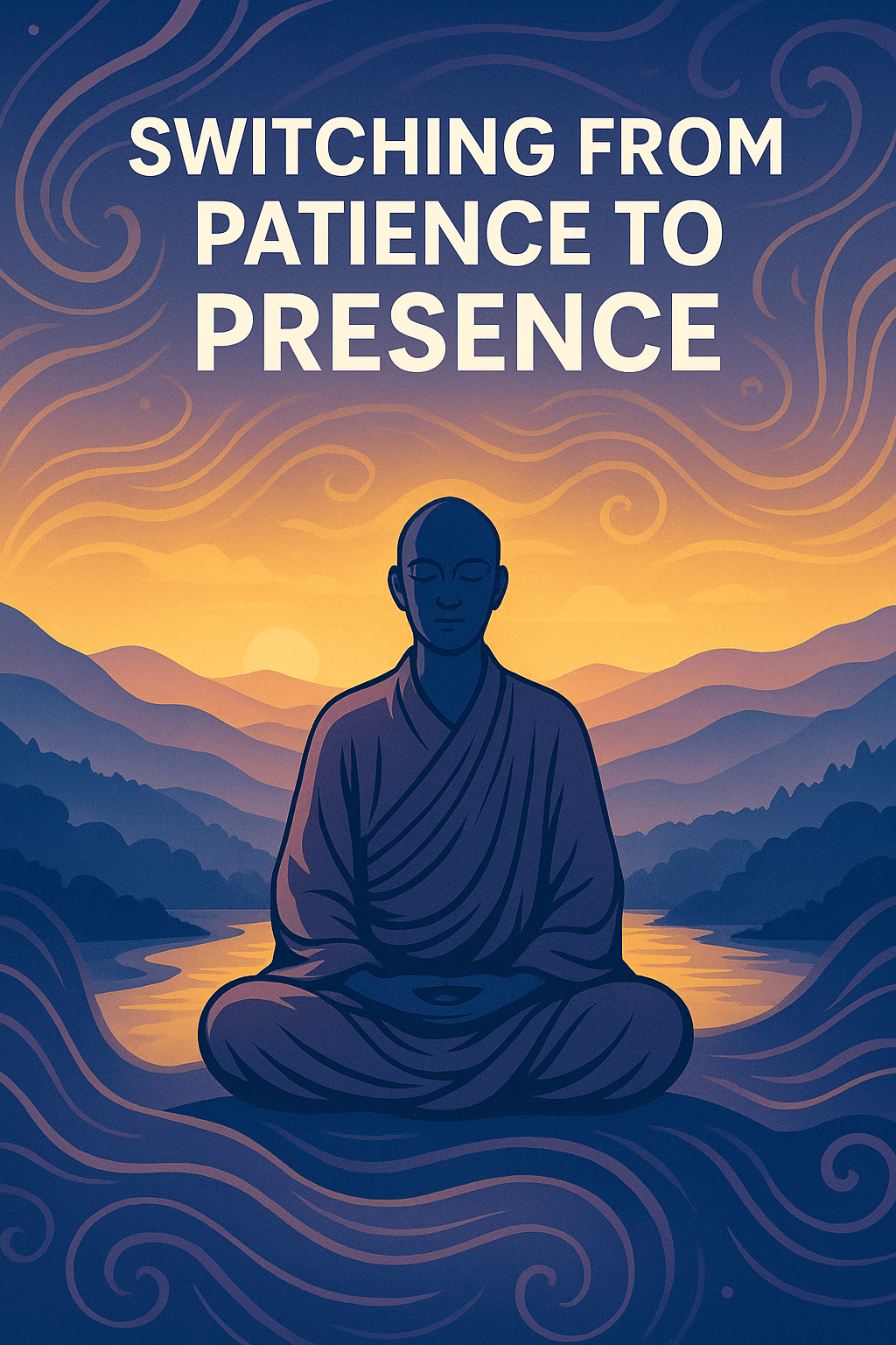 A peaceful meditative figure in lotus position against a vibrant sunrise landscape, with the text 'Switching from Patience to Presence' above. The illustration features calming colors and traditional Asian-inspired patterns, symbolizing mindfulness and presence.