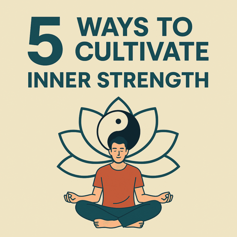 Flat digital illustration of a calm, centered person sitting cross-legged with a glowing inner light, symbolizing resilience, balance, and inner strength amidst life’s challenges.
