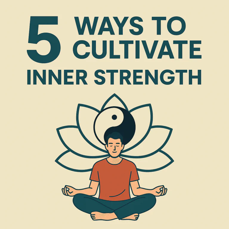 Flat digital illustration of a calm, centered person sitting cross-legged with a glowing inner light, symbolizing resilience, balance, and inner strength amidst life’s challenges.