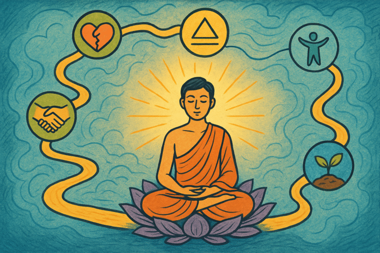 A mystical cartoon-style illustration of a meditating figure sitting on a lotus flower, surrounded by five glowing symbols representing hard life lessons—loss, growth from failure, letting go, living with intention, and stepping beyond comfort zones—set against calming blue, purple, and green cosmic energy waves.