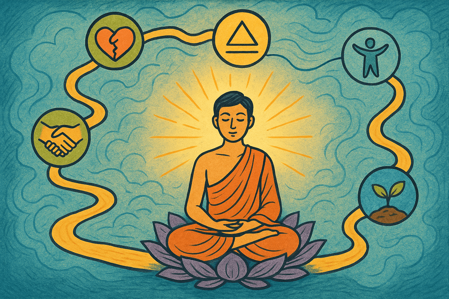 A mystical cartoon-style illustration of a meditating figure sitting on a lotus flower, surrounded by five glowing symbols representing hard life lessons—loss, growth from failure, letting go, living with intention, and stepping beyond comfort zones—set against calming blue, purple, and green cosmic energy waves.