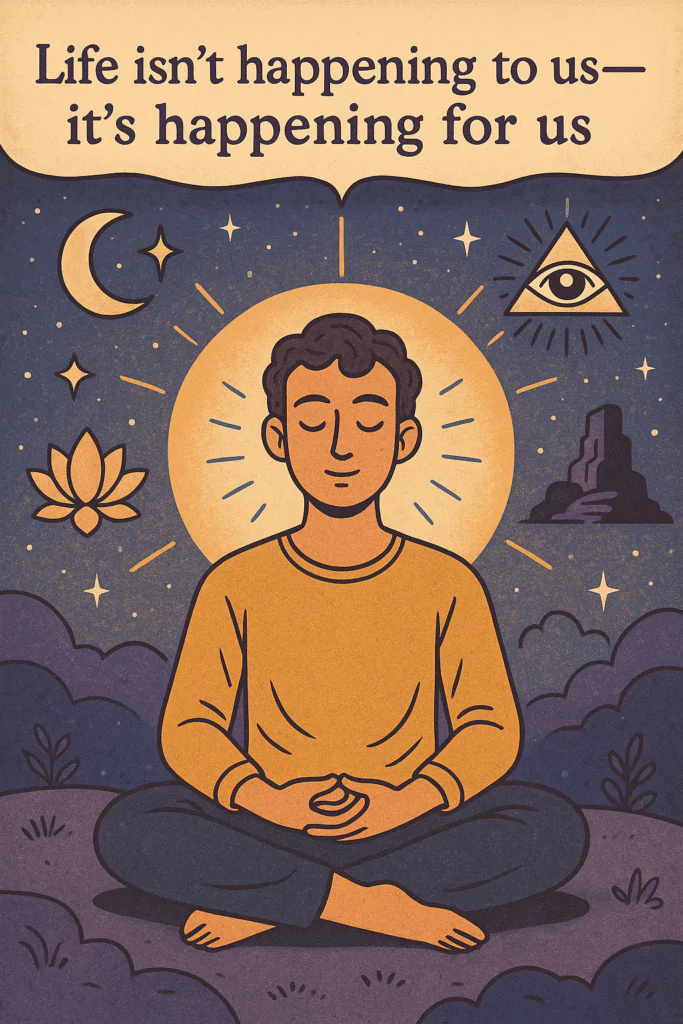 A hand-drawn mystical illustration of a person meditating under a cosmic sky with stars, moon, lotus flower, and an all-seeing eye symbol, with the text “Life isn’t happening to us—it’s happening for us” written at the top in flowing script.
