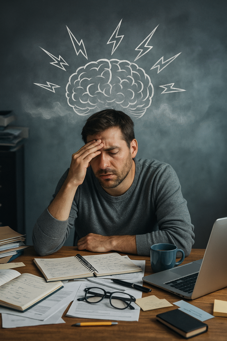 Exhausted man in his mid-30s sitting at a cluttered desk, struggling to stay alert with a foggy, confused expression — visual metaphor for brain fatigue and lack of rest.