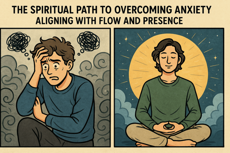 A two-panel comic-style illustration showing the journey from anxiety to peace. The left panel depicts a worried person surrounded by gray clouds and anxious thought scribbles. The right panel shows the same person meditating calmly with glowing golden light, stars, and a serene cosmic backdrop, symbolizing alignment and presence.
