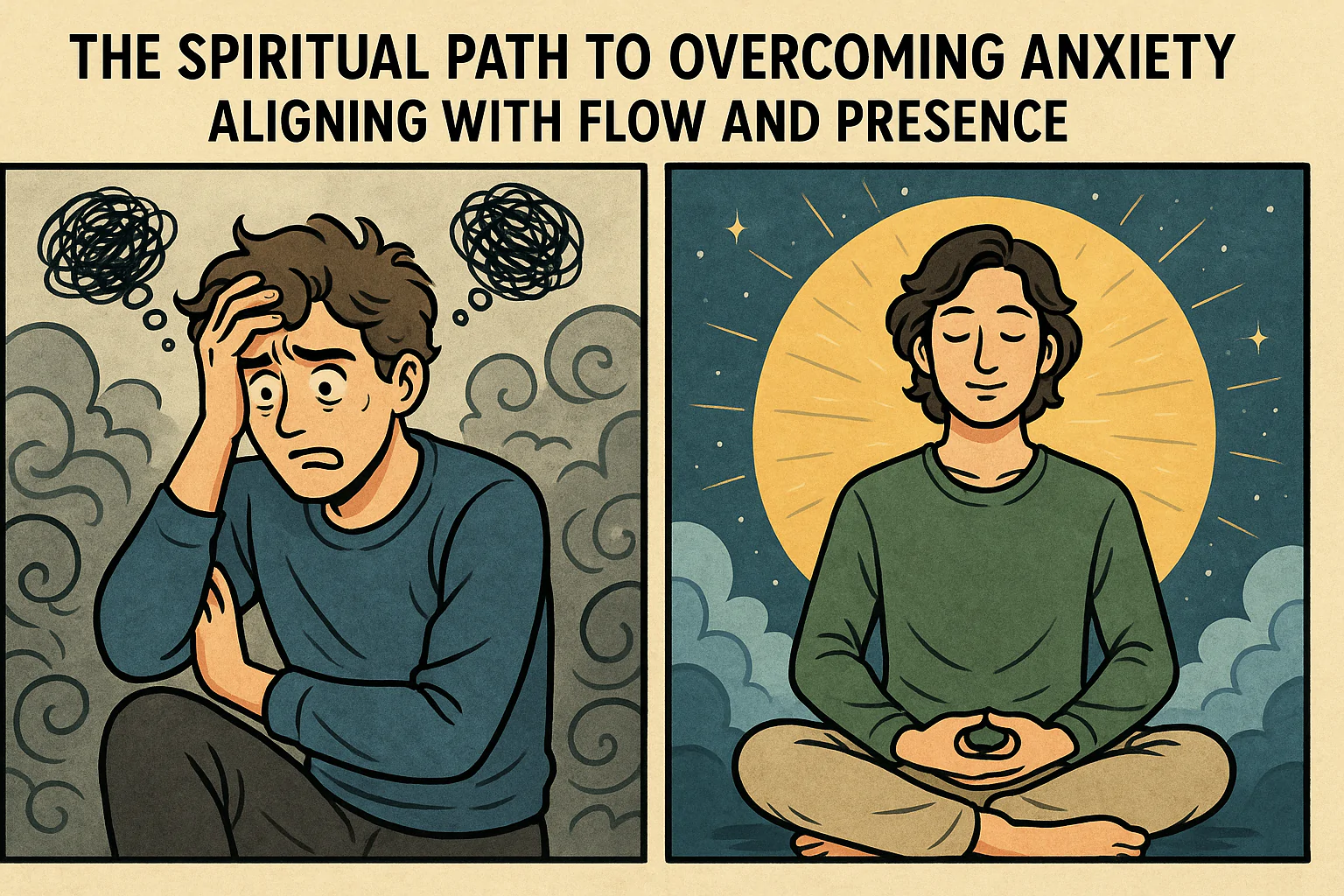 A two-panel comic-style illustration showing the journey from anxiety to peace. The left panel depicts a worried person surrounded by gray clouds and anxious thought scribbles. The right panel shows the same person meditating calmly with glowing golden light, stars, and a serene cosmic backdrop, symbolizing alignment and presence.