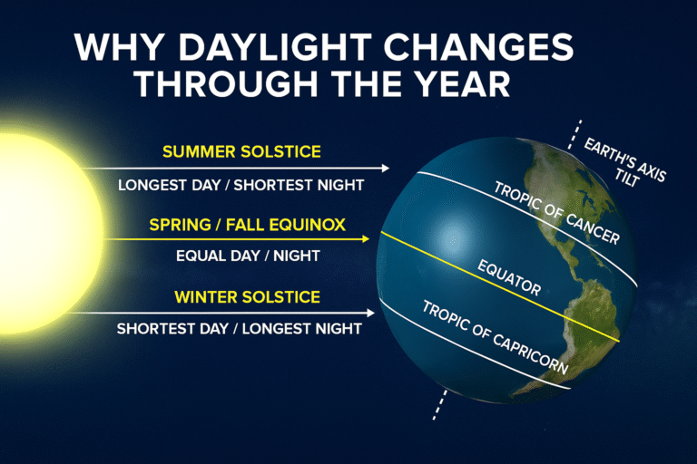 Illustration of Earth’s orbit around the Sun titled “Why Daylight Changes Through the Year.” The Sun is shown on the left shining light toward Earth on the right, which is tilted on its axis. Labels mark the Summer Solstice (longest day, shortest night), Spring/Fall Equinox (equal day and night), and Winter Solstice (shortest day, longest night). The Tropic of Cancer, Equator, and Tropic of Capricorn are shown as white lines on Earth, with arrows indicating sunlight direction and Earth’s tilt.