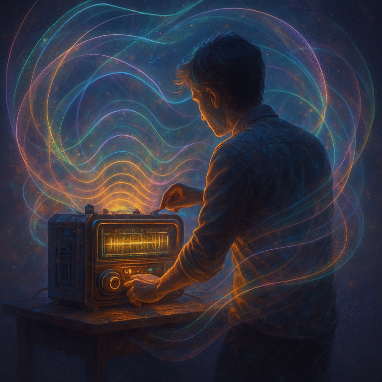 A figure tunes a glowing steampunk-digital vintage radio as transparent, multicolored frequency waves flow through a dim, dreamlike room, symbolizing tuning into the frequency of success.