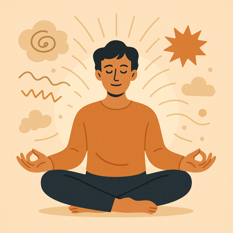 Young man sitting cross-legged in meditation with a calm expression, eyes closed, hands resting on knees, in a softly lit room representing inner peace and stress relief through mindfulness.