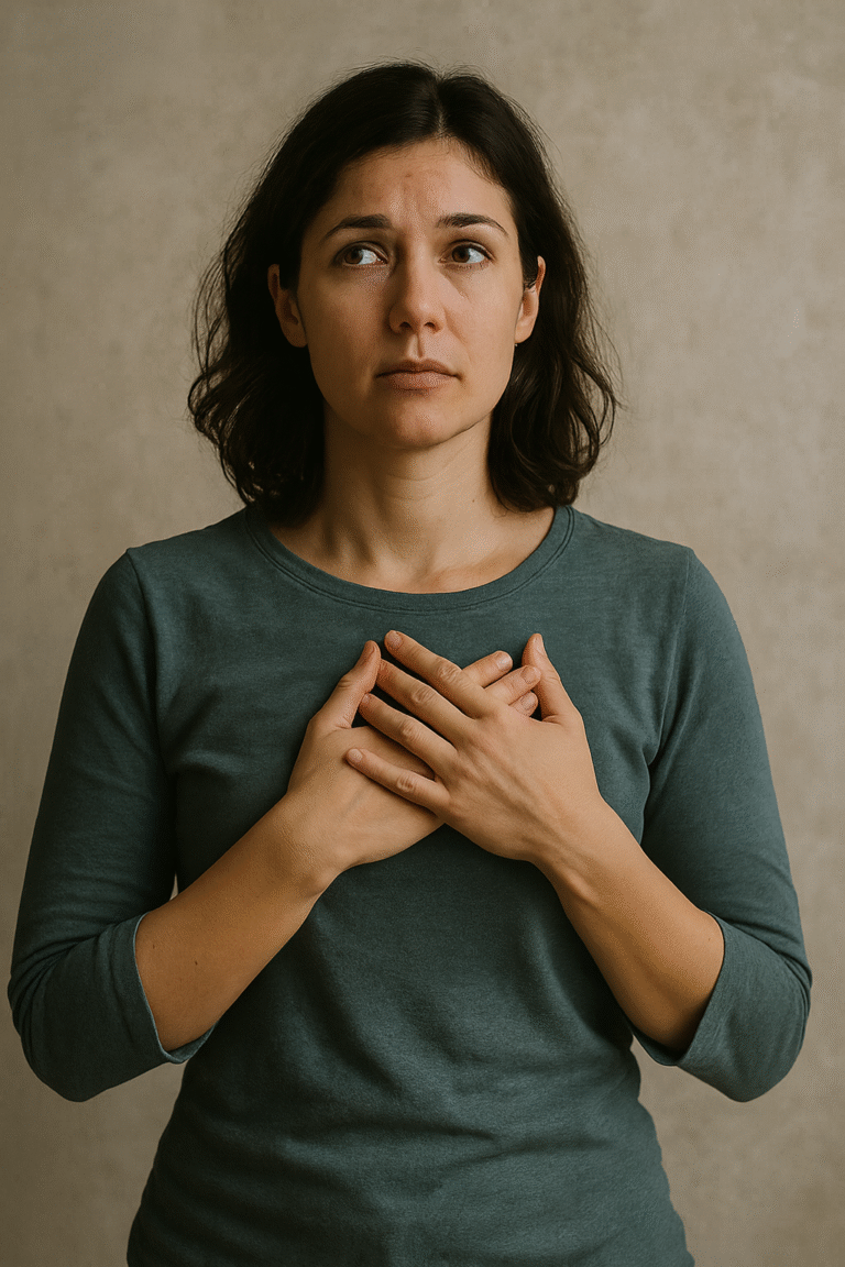 A young woman in a teal shirt stands against a neutral background with her hands over her heart, looking upward with uncertainty, symbolizing the emotional search for approval and self-worth.