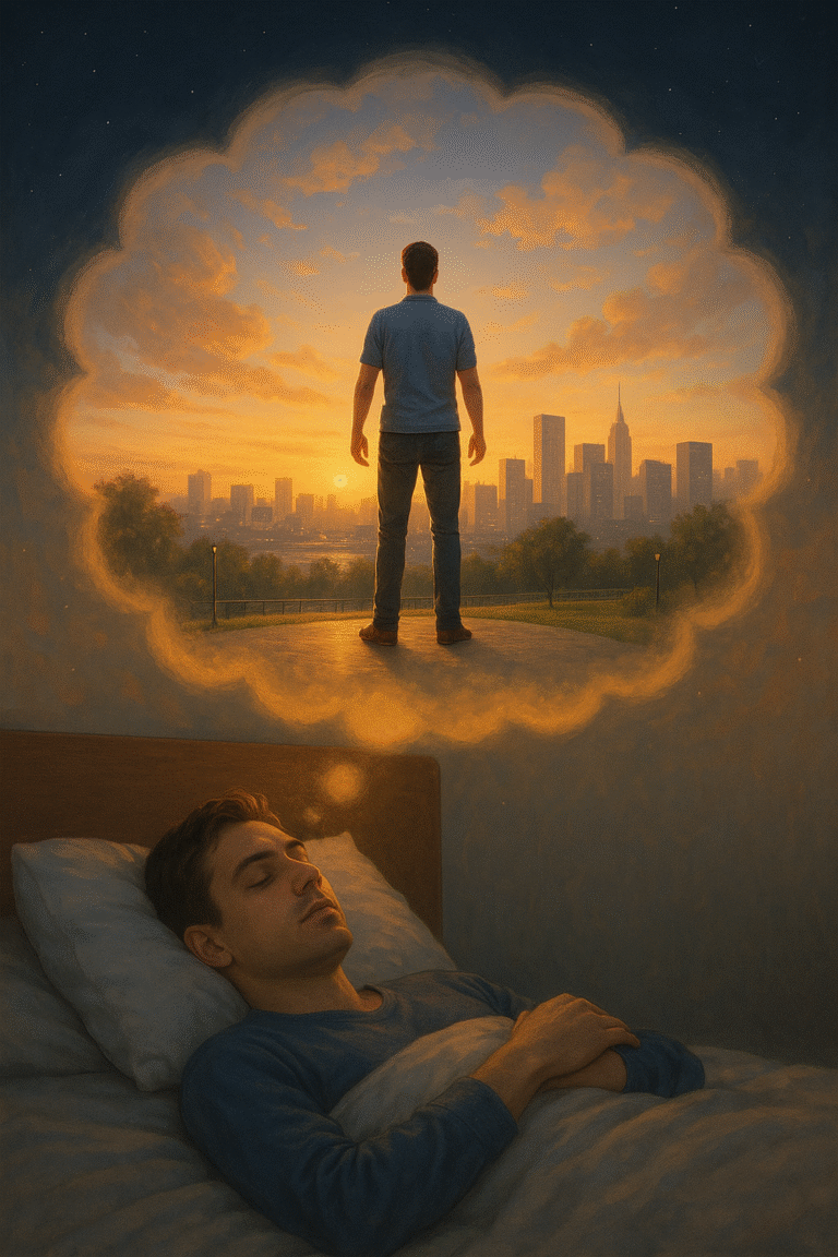 A person sleeps peacefully in bed while dreaming of their future self standing confidently in a park at sunrise. The dream self wears casual clothes and looks toward a glowing city skyline surrounded by golden light. Dream clouds connect both figures, symbolizing conscious dreaming, mindfulness, and fulfilled potential.