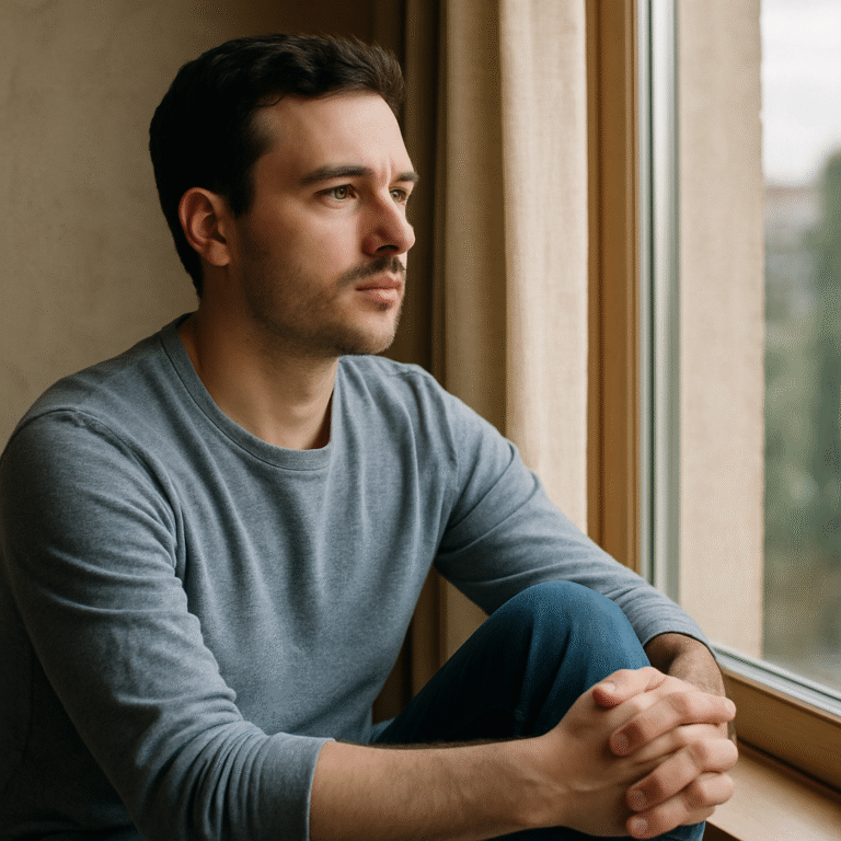 A young man sits quietly by a window with soft natural light on his face, looking thoughtful and calm as he reflects inward. The setting is peaceful and minimalistic, conveying emotional steadiness and presence.
