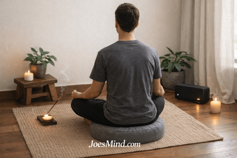 Person seated on a meditation cushion in a simple home meditation space with incense, candles, and soft natural light, practicing calm, focused meditation.