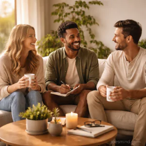 Three adults sitting together in a modern, sunlit living room, smiling and journaling with coffee, representing intentional living, connection, and improved quality of life through mindful habits.