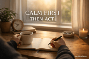 Calm morning workspace with a person holding a cup of coffee while writing in a notebook at a wooden desk near a sunlit window, with the words “Calm First Then Act” displayed above and JoesMind.com in the corner.