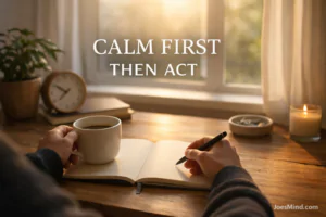 Calm morning workspace with a person holding a cup of coffee while writing in a notebook at a wooden desk near a sunlit window, with the words “Calm First Then Act” displayed above and JoesMind.com in the corner.