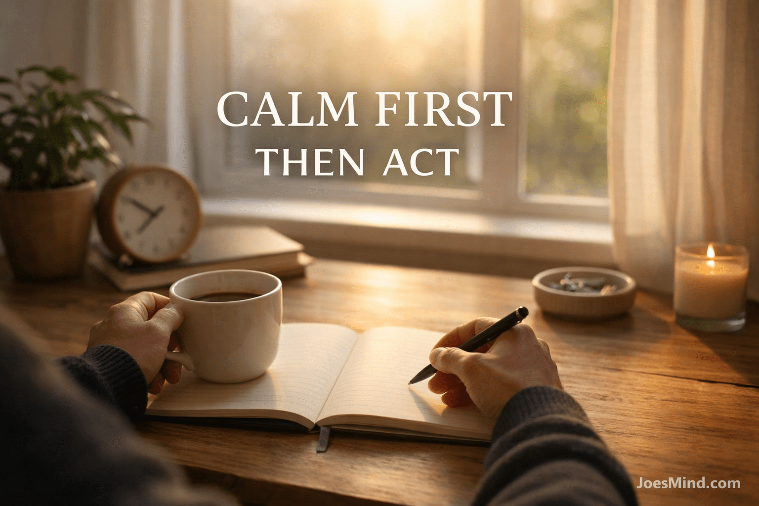 Calm morning workspace with a person holding a cup of coffee while writing in a notebook at a wooden desk near a sunlit window, with the words “Calm First Then Act” displayed above and JoesMind.com in the corner.