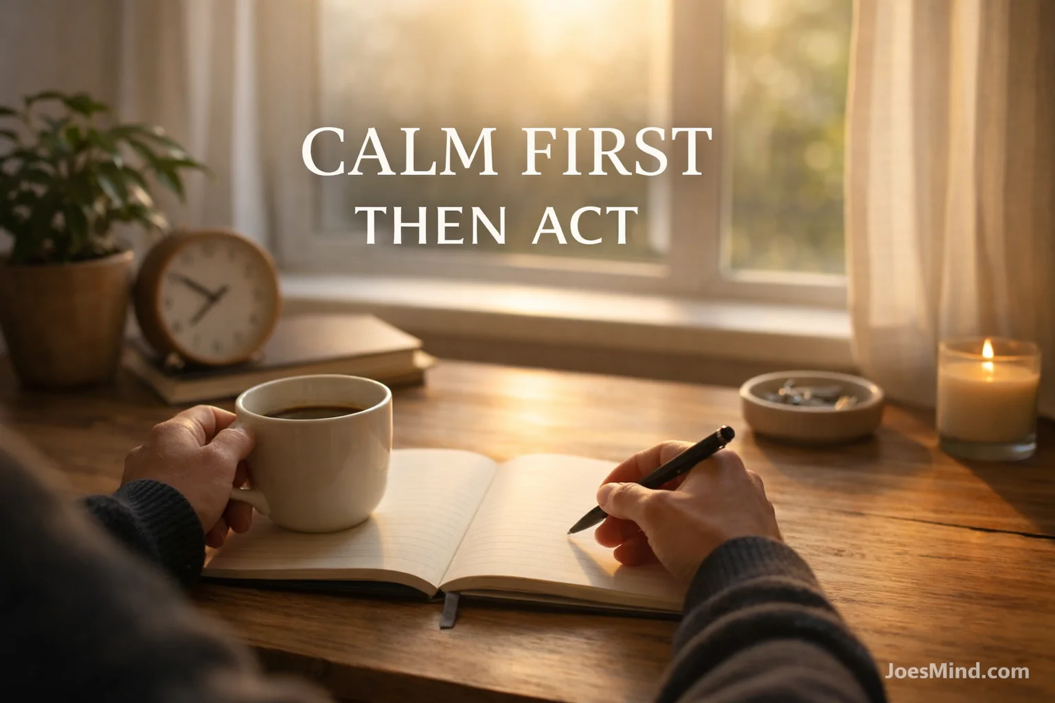 Calm morning workspace with a person holding a cup of coffee while writing in a notebook at a wooden desk near a sunlit window, with the words “Calm First Then Act” displayed above and JoesMind.com in the corner.