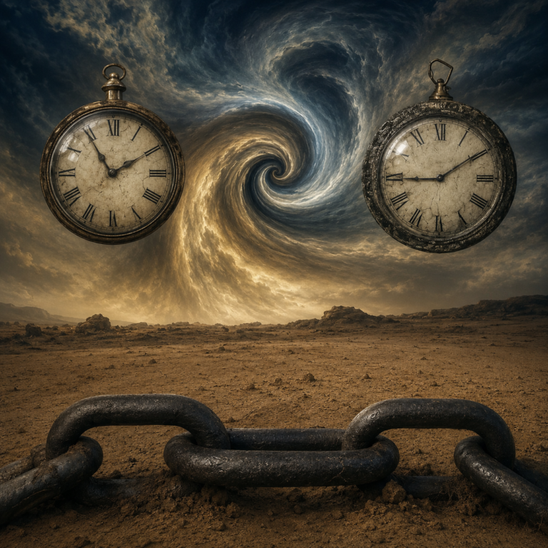 Broken chain beneath two clocks and a swirling sky, symbolizing freedom from the past