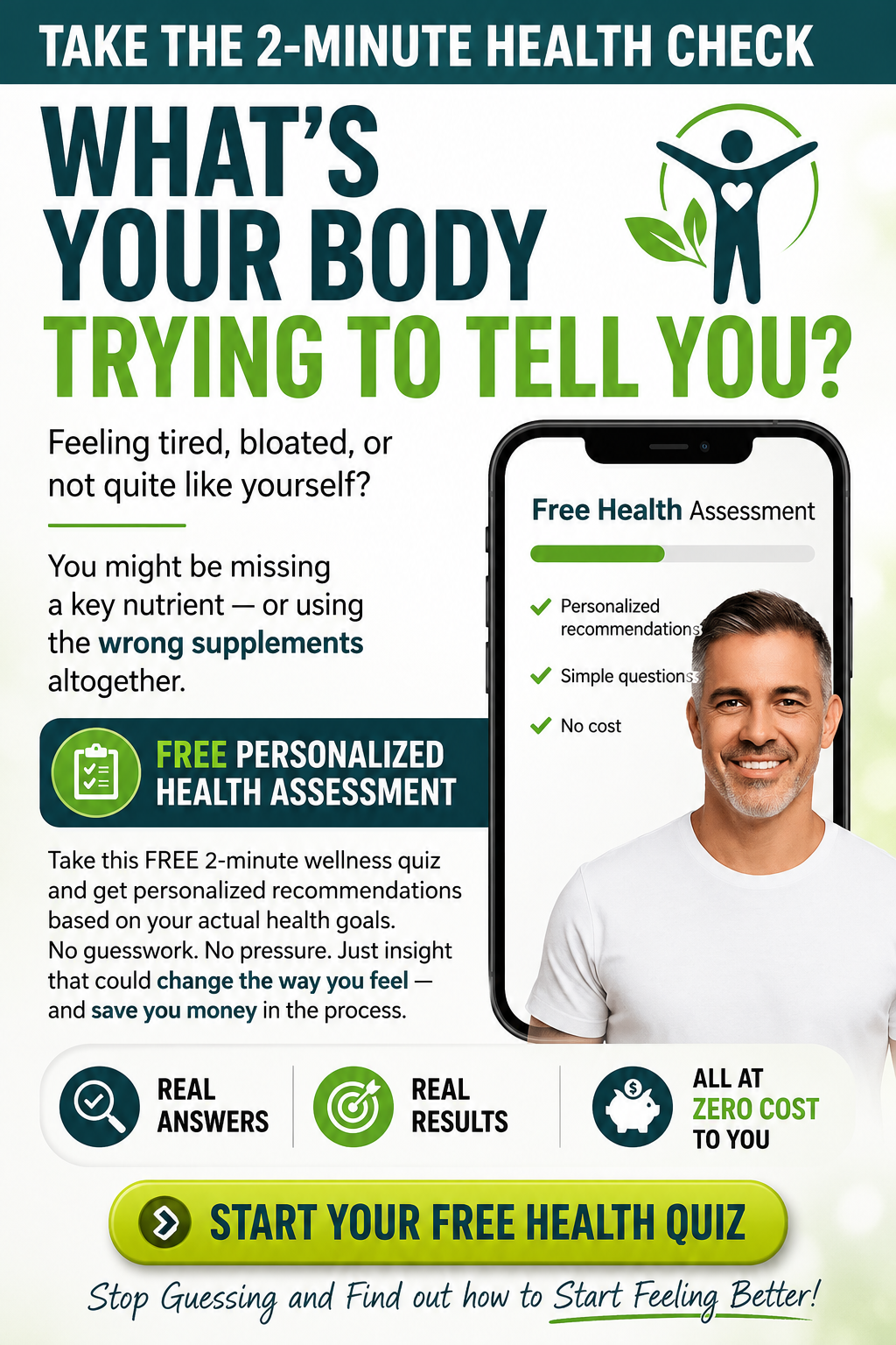 Promotional wellness graphic for JoesMind.com with the headline Take the 2-Minute Health Check and What’s Your Body Trying to Tell You, promoting a free personalized health quiz with real answers, real results, and zero cost.