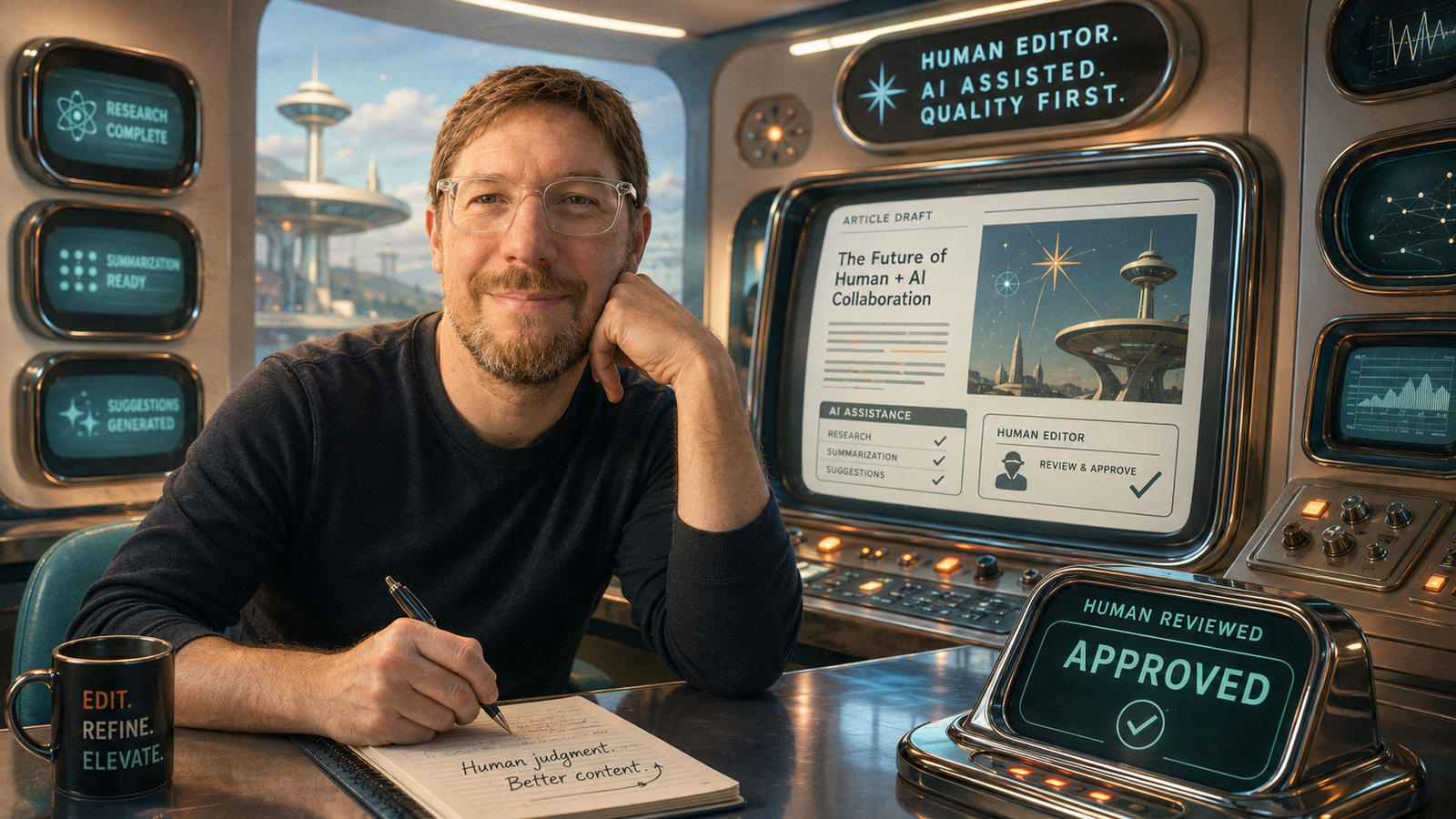 Joe Jepsen reviewing AI-assisted website content in a retro-futuristic newsroom with human-approved editorial controls.