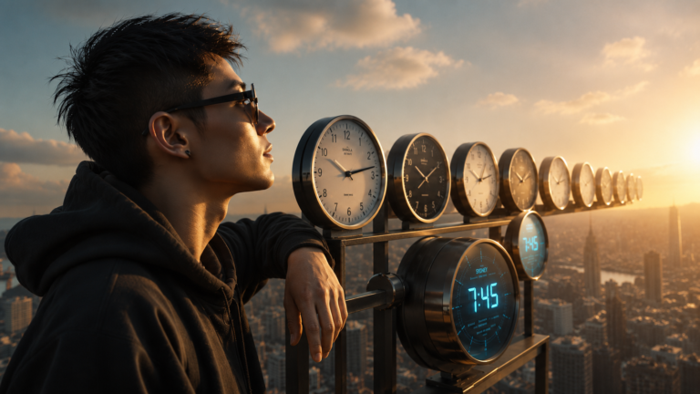 Man leaning on a rooftop clock structure at sunrise, symbolizing time abundance and a calmer relationship with time.