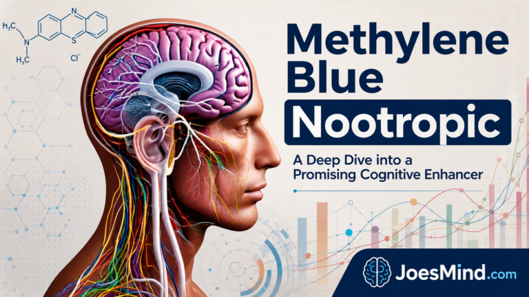 Illustrated human head and brain with the title Methylene Blue Nootropic and JoesMind.com branding.