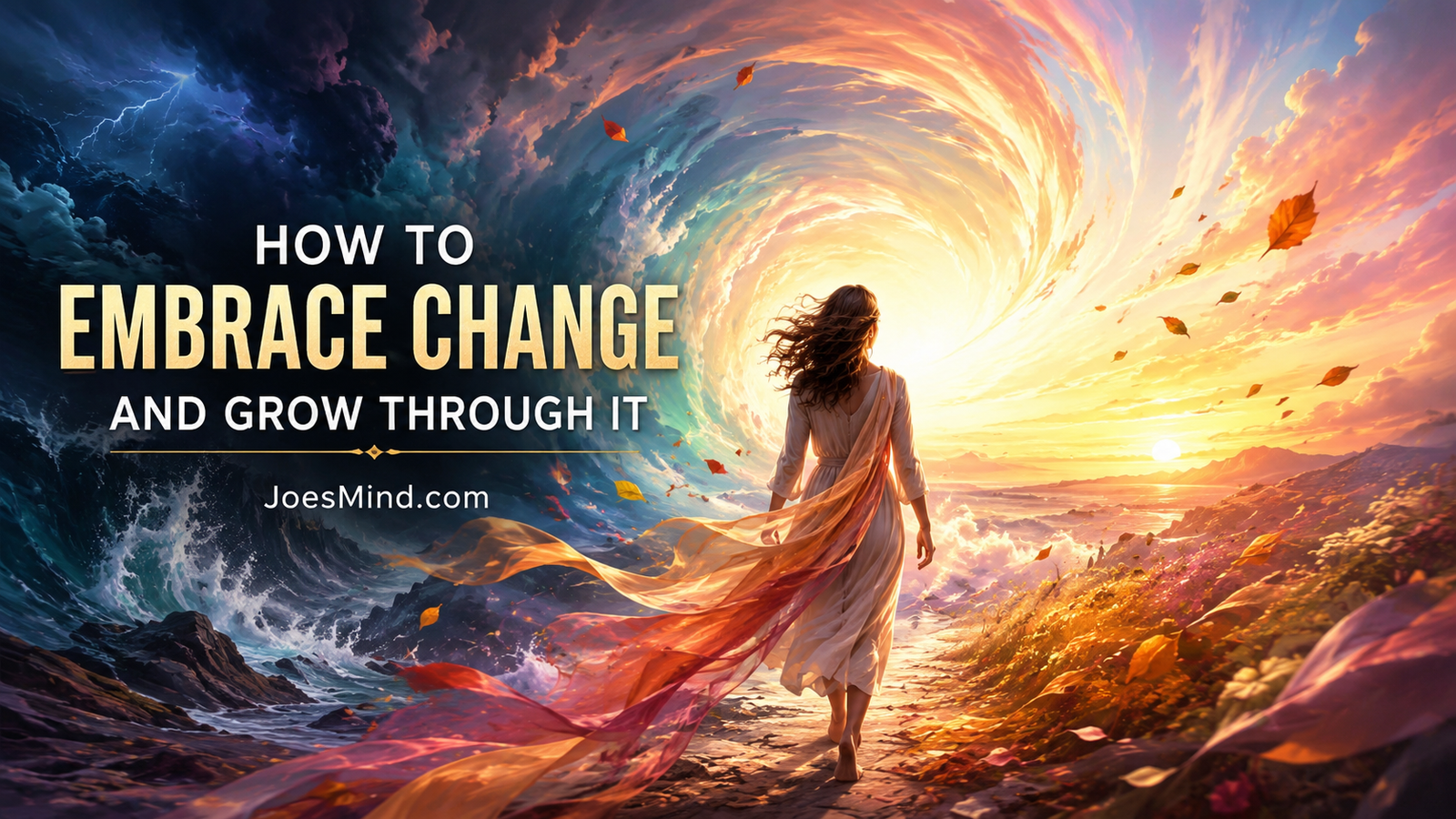 Person moving through change toward growth and a new direction