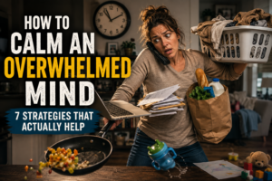 Overwhelmed woman juggling work, cooking, groceries, laundry and family responsibilities