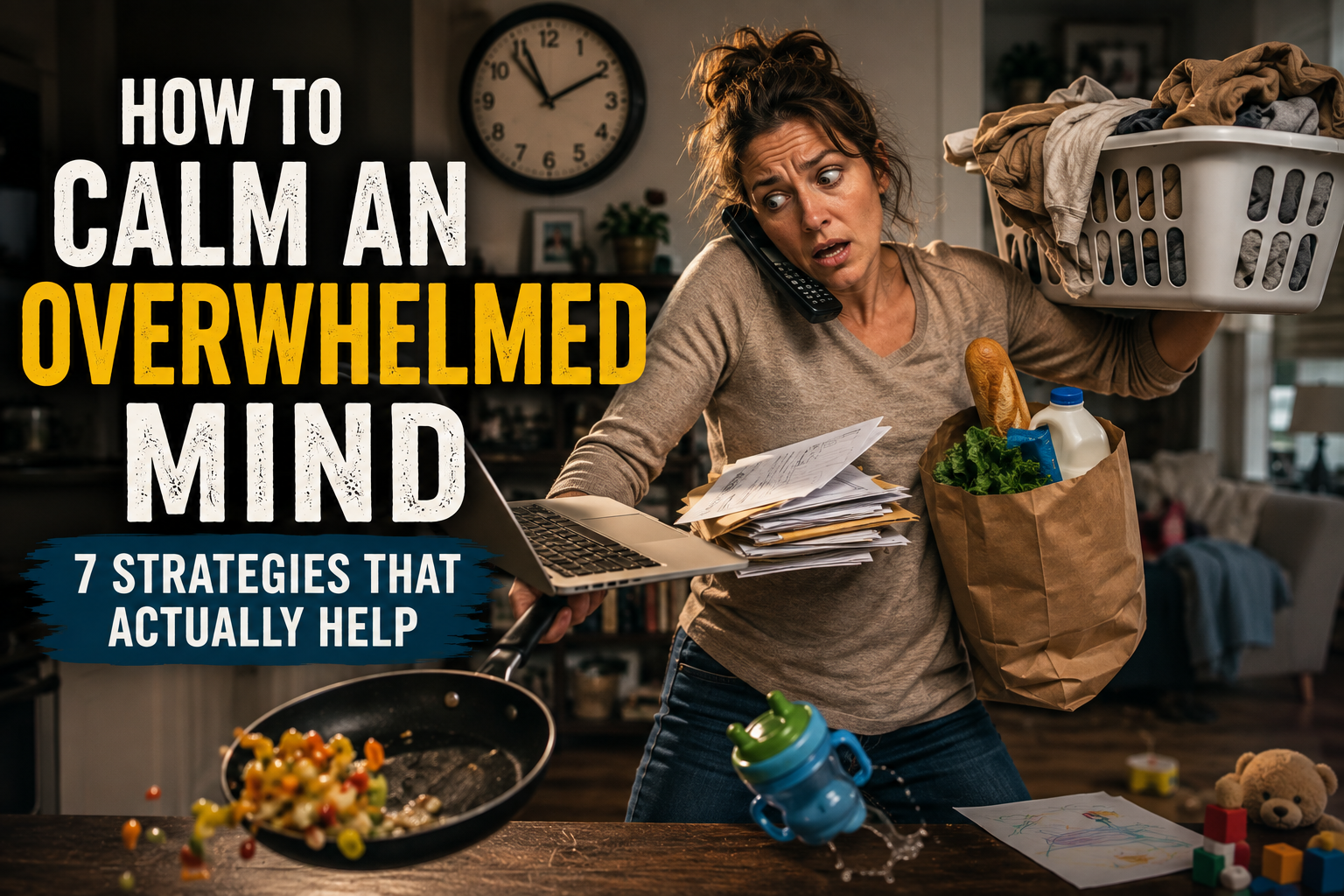 Overwhelmed woman juggling work, cooking, groceries, laundry and family responsibilities