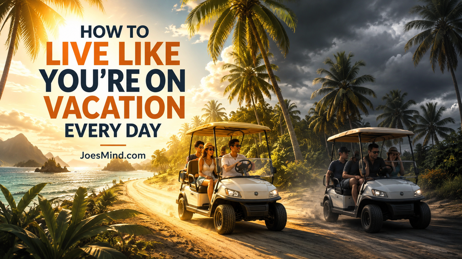 Two golf carts on a tropical island, one in sunshine and one under a dark cloud, representing different mindsets