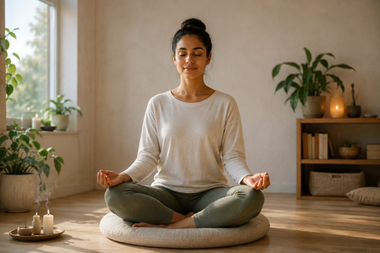 Person seated on a meditation cushion in a simple home meditation space with incense, candles, and soft natural light, practicing calm, focused meditation.