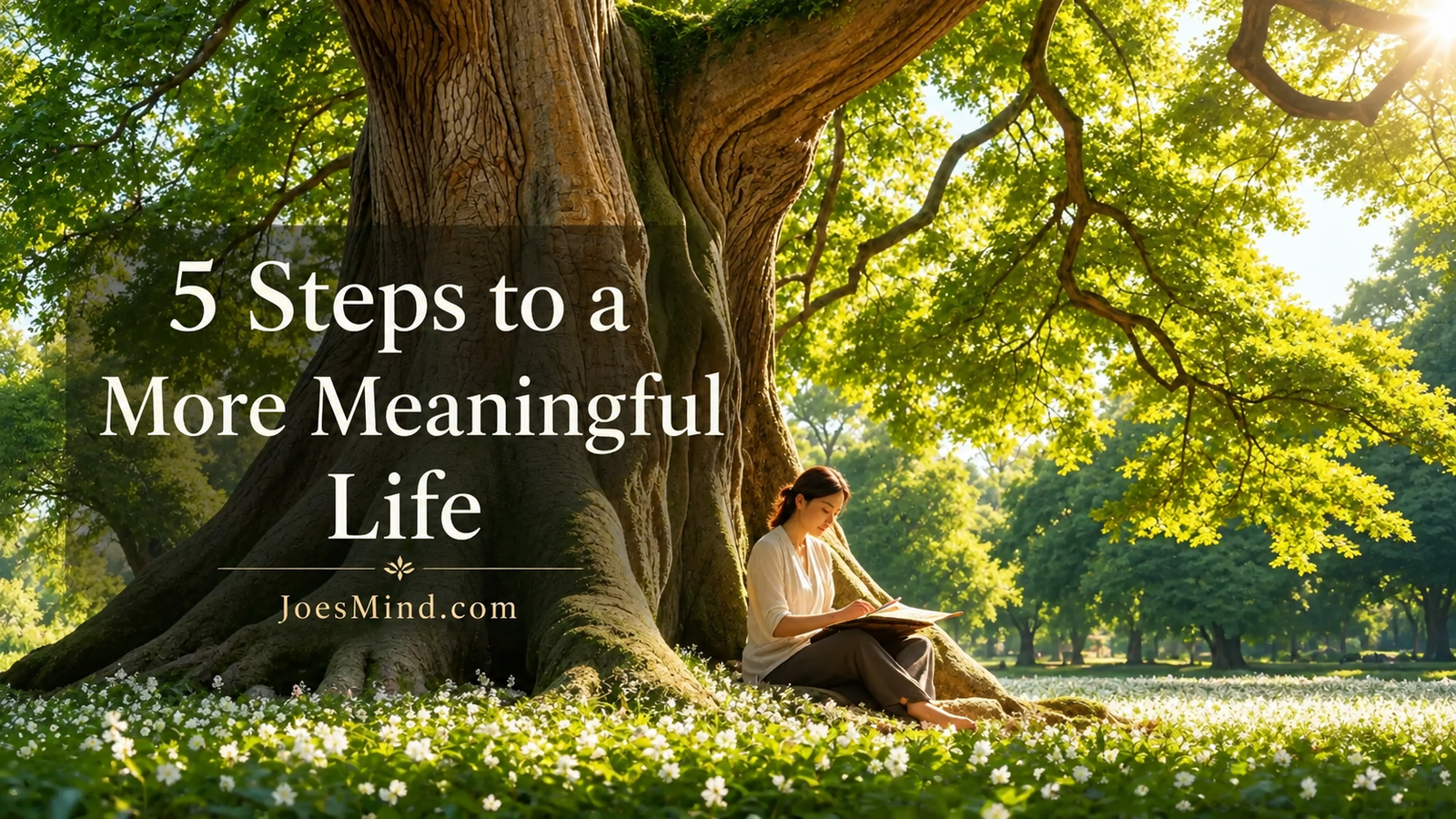 Person sitting beneath a large sunlit tree with the title 5 Steps to a More Meaningful Life and JoesMind.com branding.
