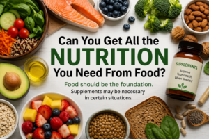 Whole foods and a supplement bottle surrounding the question, ‘Can You Get All the Nutrition You Need From Food?’