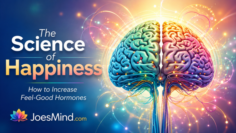 Colorful brain illustration with glowing neural pathways, the title The Science of Happiness, and JoesMind.com branding.